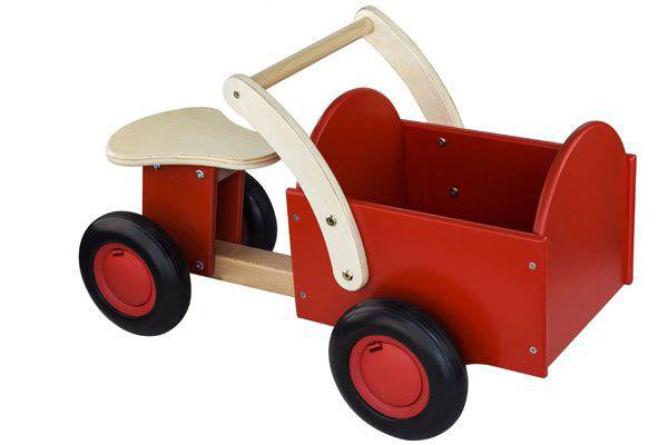Houten bakfiets rood voor kids vanaf 1 jaar.