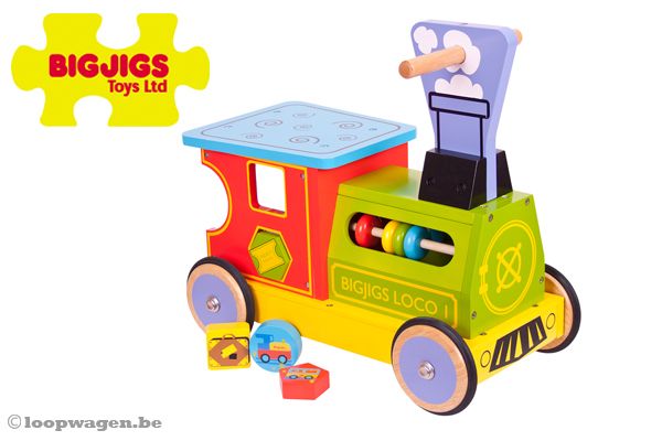 De houten trein loopwagen van Bigjigs.